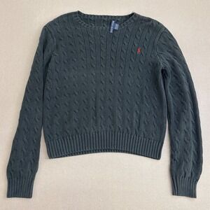 Ralph Lauren Womens Cable Knit Sweater Green Cotton Crew Neck Pony Logo XL